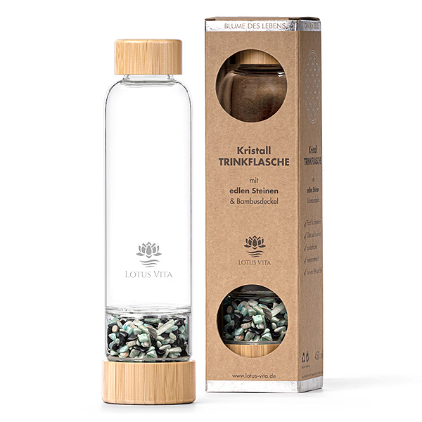 Glastrinkflasche mit Kristallsteinen – Turmalin, Amazonit