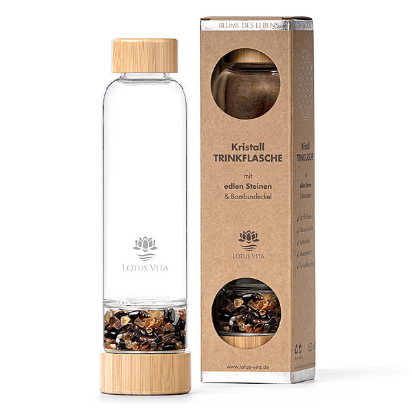 Glastrinkflasche mit Kristallsteinen – Obsidian, Karneol