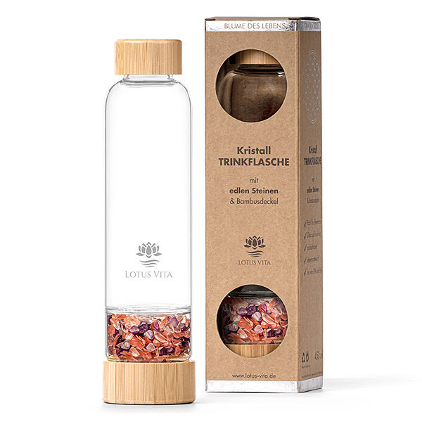 Glastrinkflasche mit Kristallsteinen – Wassermelonen-Turmalin, Amethyst